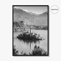 Lake Bled Black and White Fine Art Photo Print, Slovenia Wall Poster, Julian Alps