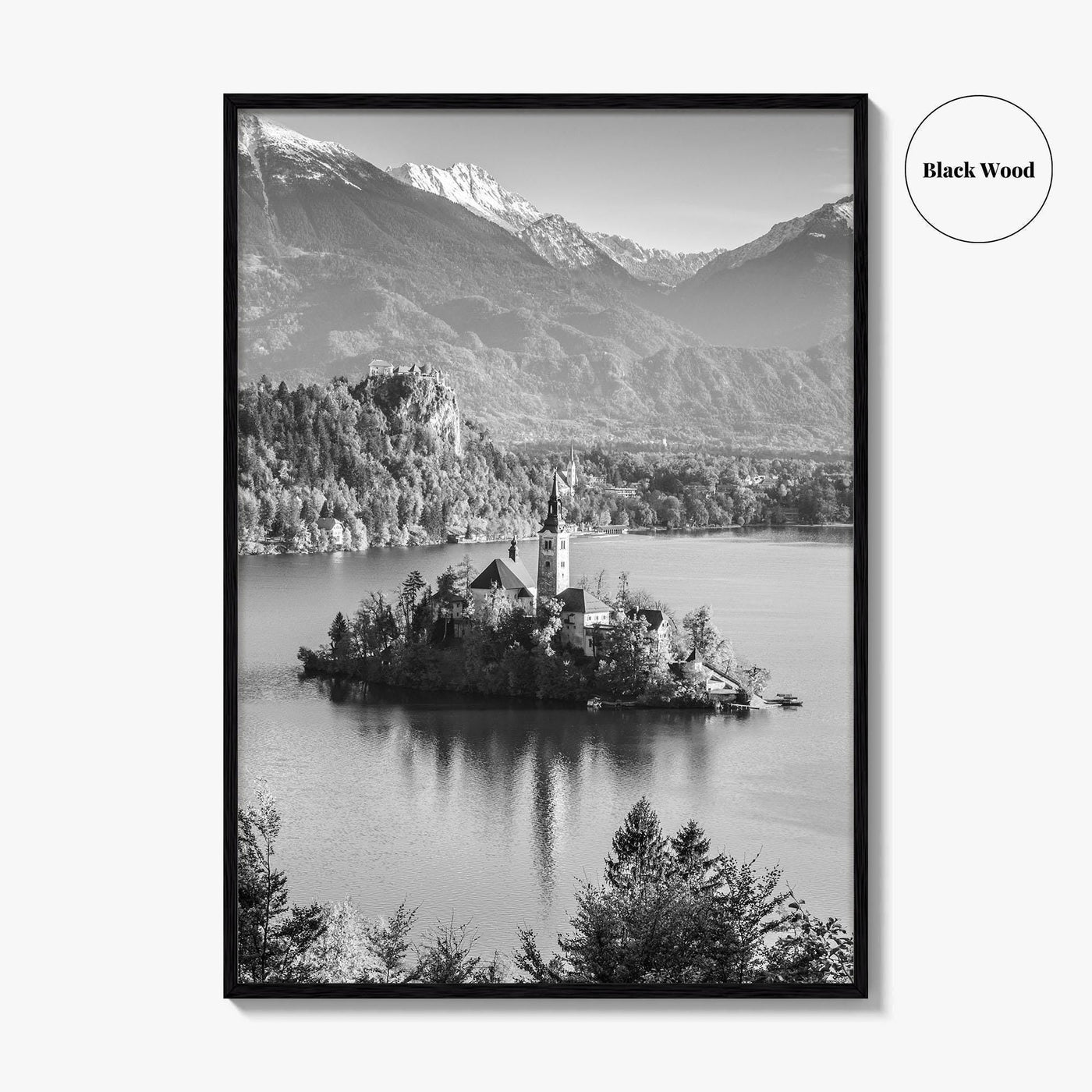 Lake Bled Black and White Fine Art Photo Print, Slovenia Wall Poster, Julian Alps