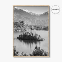 Lake Bled Black and White Fine Art Photo Print, Slovenia Wall Poster, Julian Alps