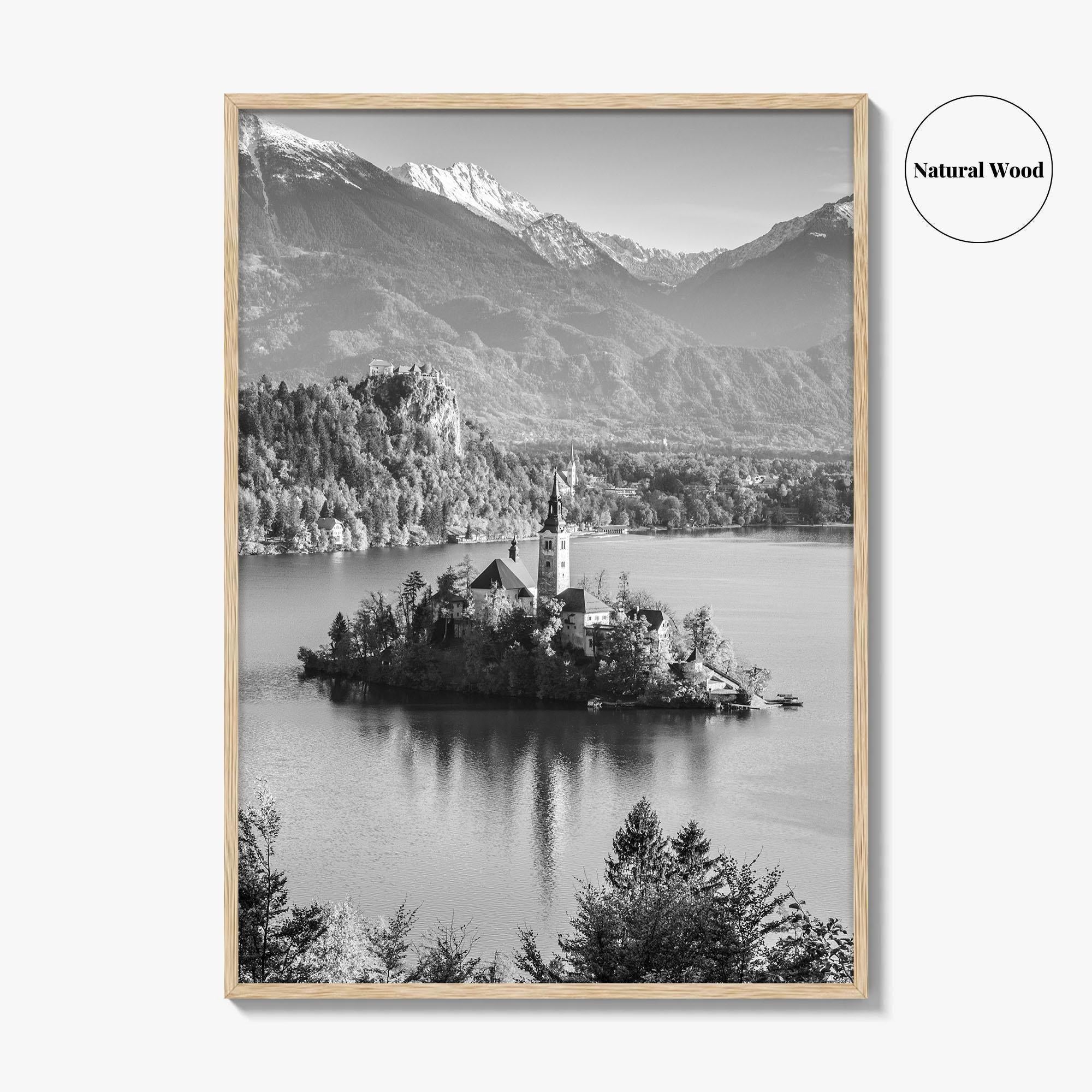Lake Bled Black and White Fine Art Photo Print, Slovenia Wall Poster, Julian Alps
