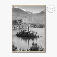 Lake Bled Black and White Fine Art Photo Print, Slovenia Wall Poster, Julian Alps