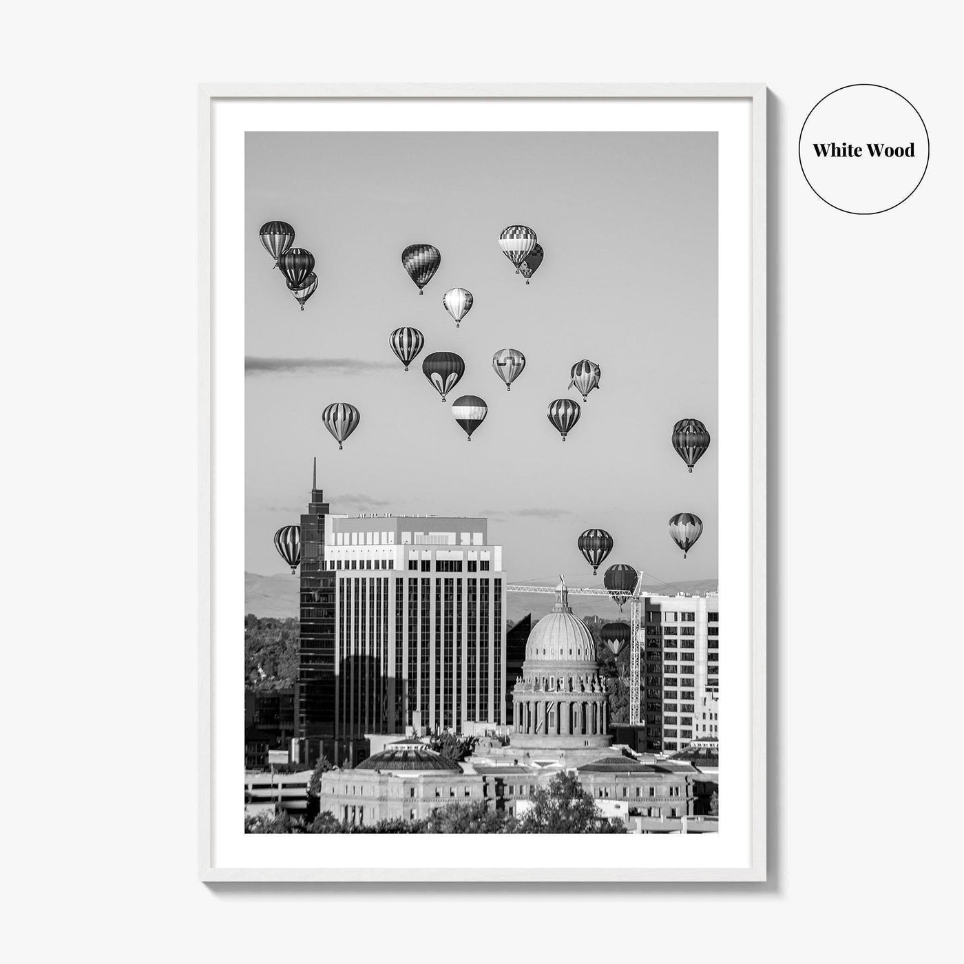 Boise Skyline Black and White Fine Art Photo Print, Idaho Capitol Balloons Poster