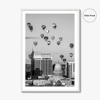Boise Skyline Black and White Fine Art Photo Print, Idaho Capitol Balloons Poster