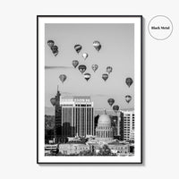 Boise Skyline Black and White Fine Art Photo Print, Idaho Capitol Balloons Poster