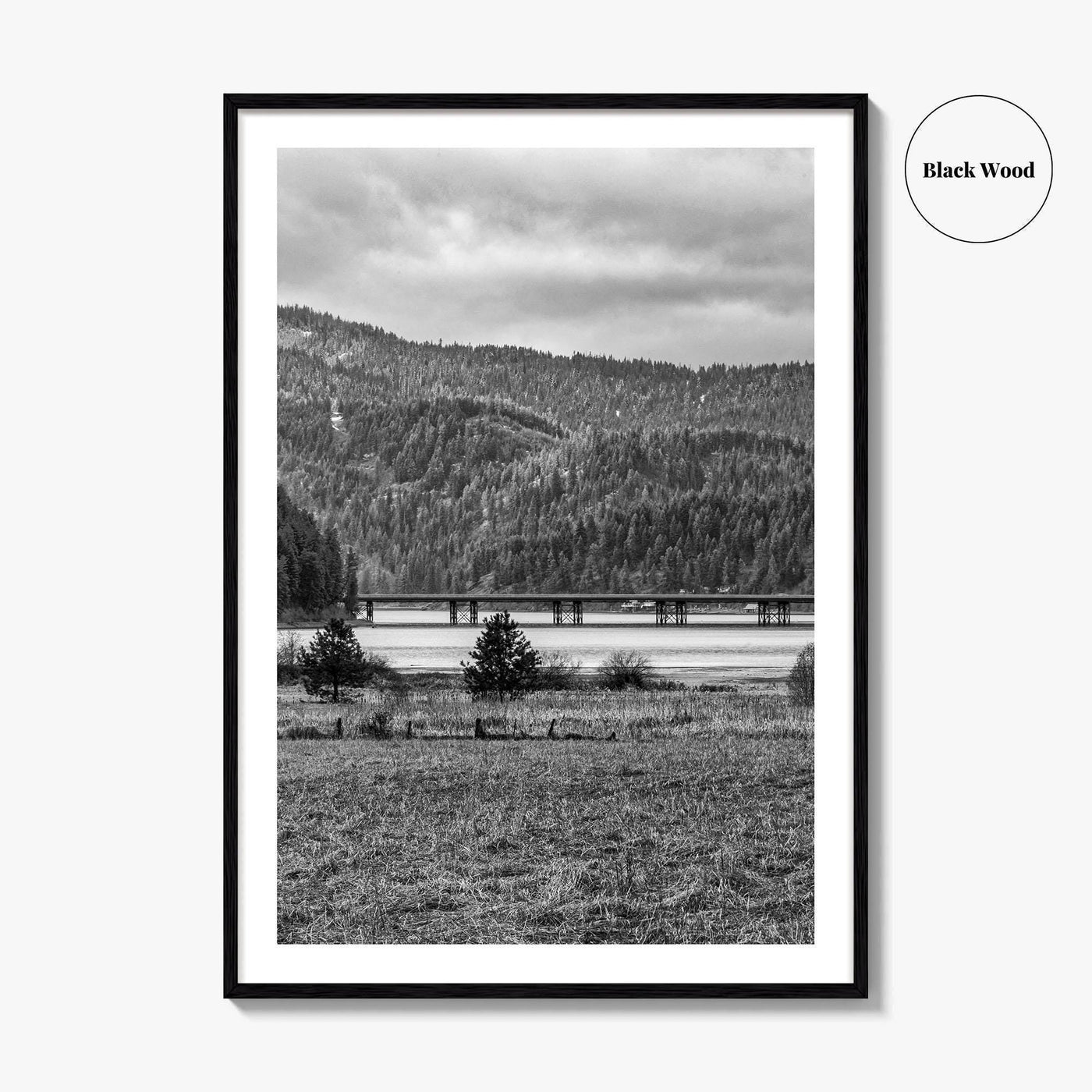 Coeur d'Alene Black and White Fine Art Photo Print, Idaho, Bay Bridge Mountains, USA