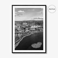 Bend Black and White Fine Art Photo Print, Old Mill District Aerial, Oregon USA