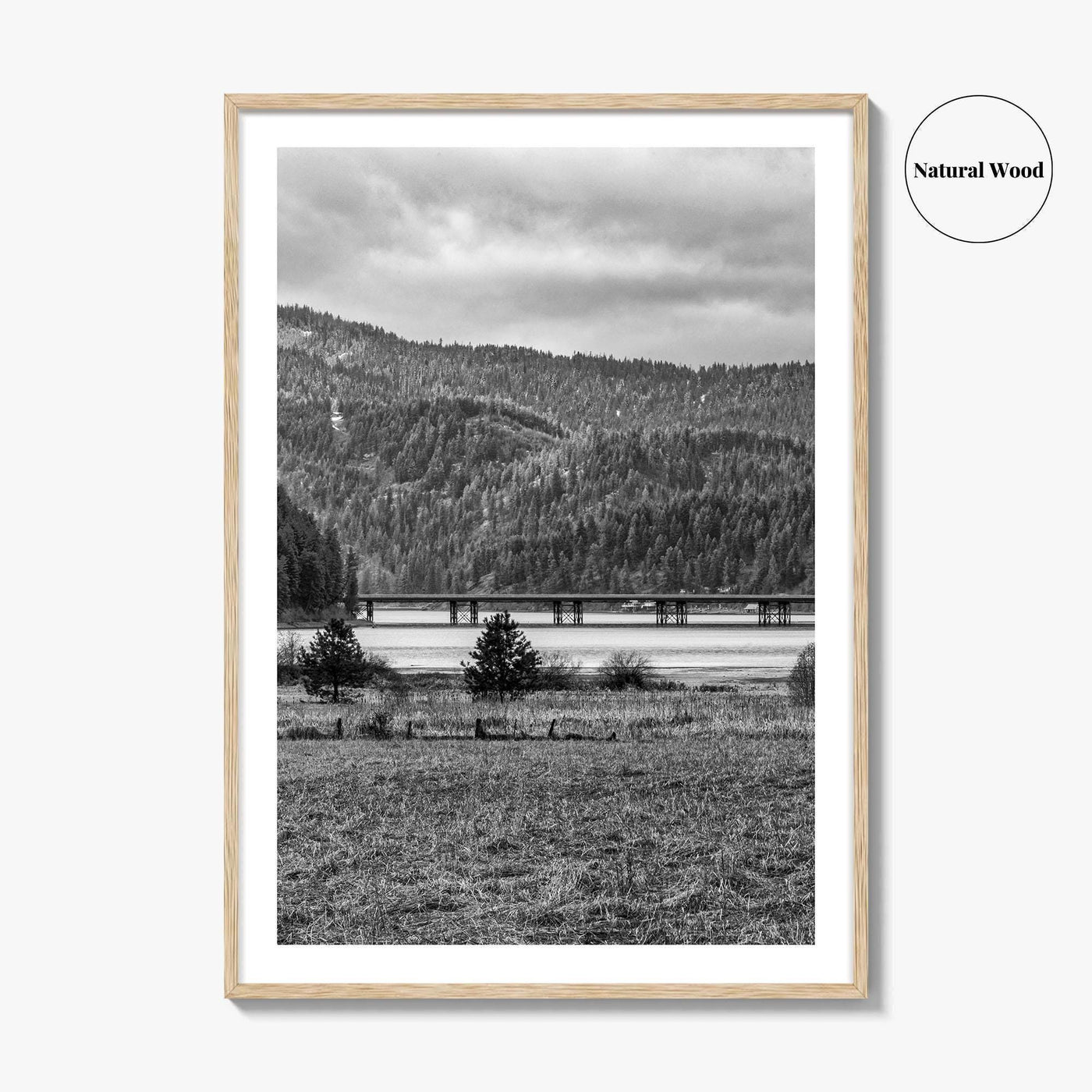 Coeur d'Alene Black and White Fine Art Photo Print, Idaho, Bay Bridge Mountains, USA