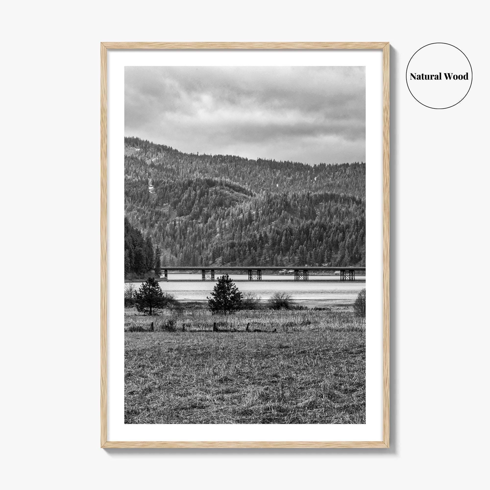 Coeur d'Alene Black and White Fine Art Photo Print, Idaho, Bay Bridge Mountains, USA