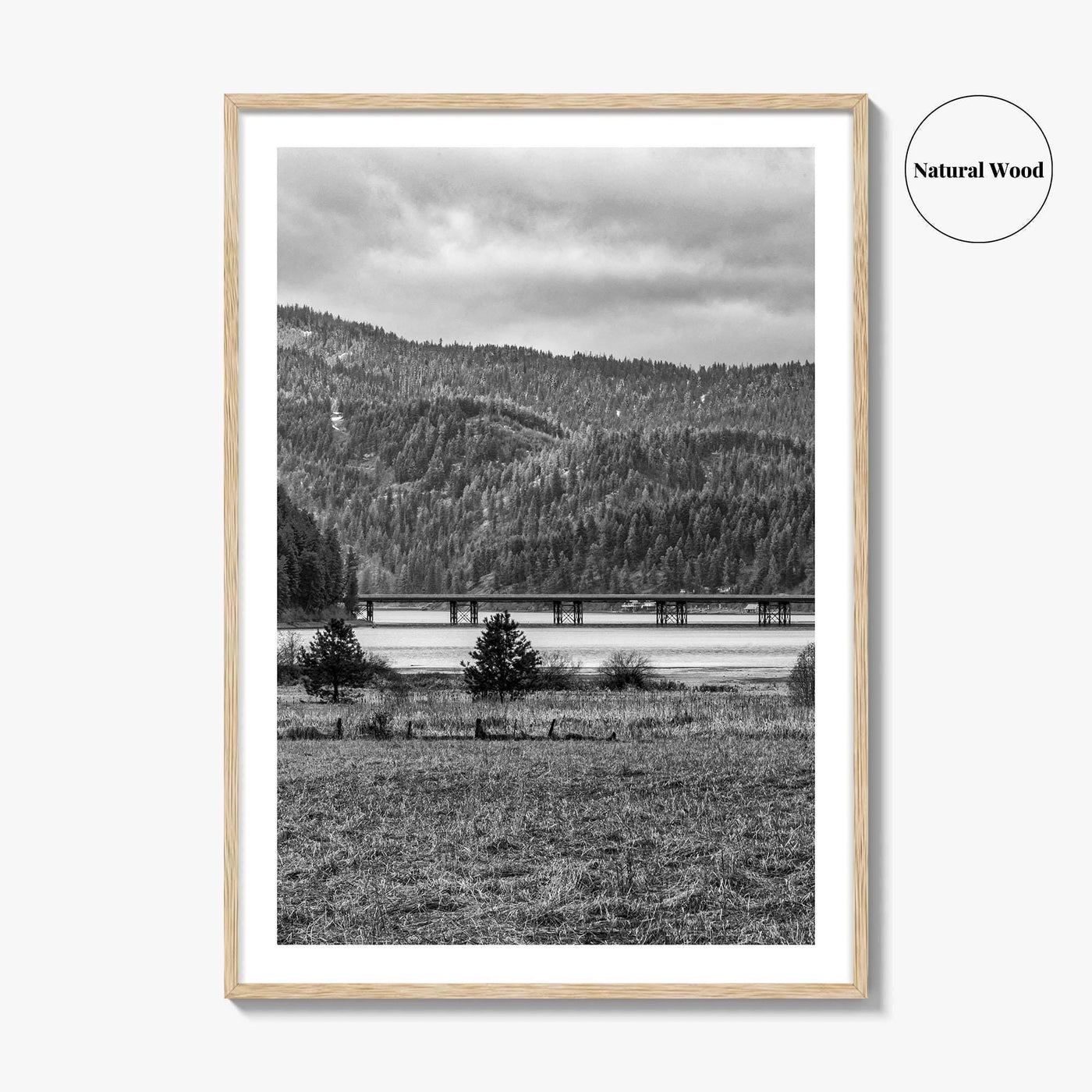 Coeur d'Alene Black and White Fine Art Photo Print, Idaho, Bay Bridge Mountains, USA