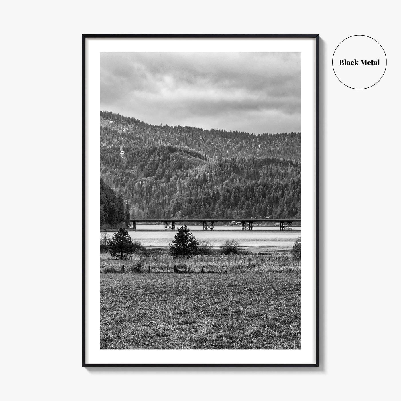 Coeur d'Alene Black and White Fine Art Photo Print, Idaho, Bay Bridge Mountains, USA