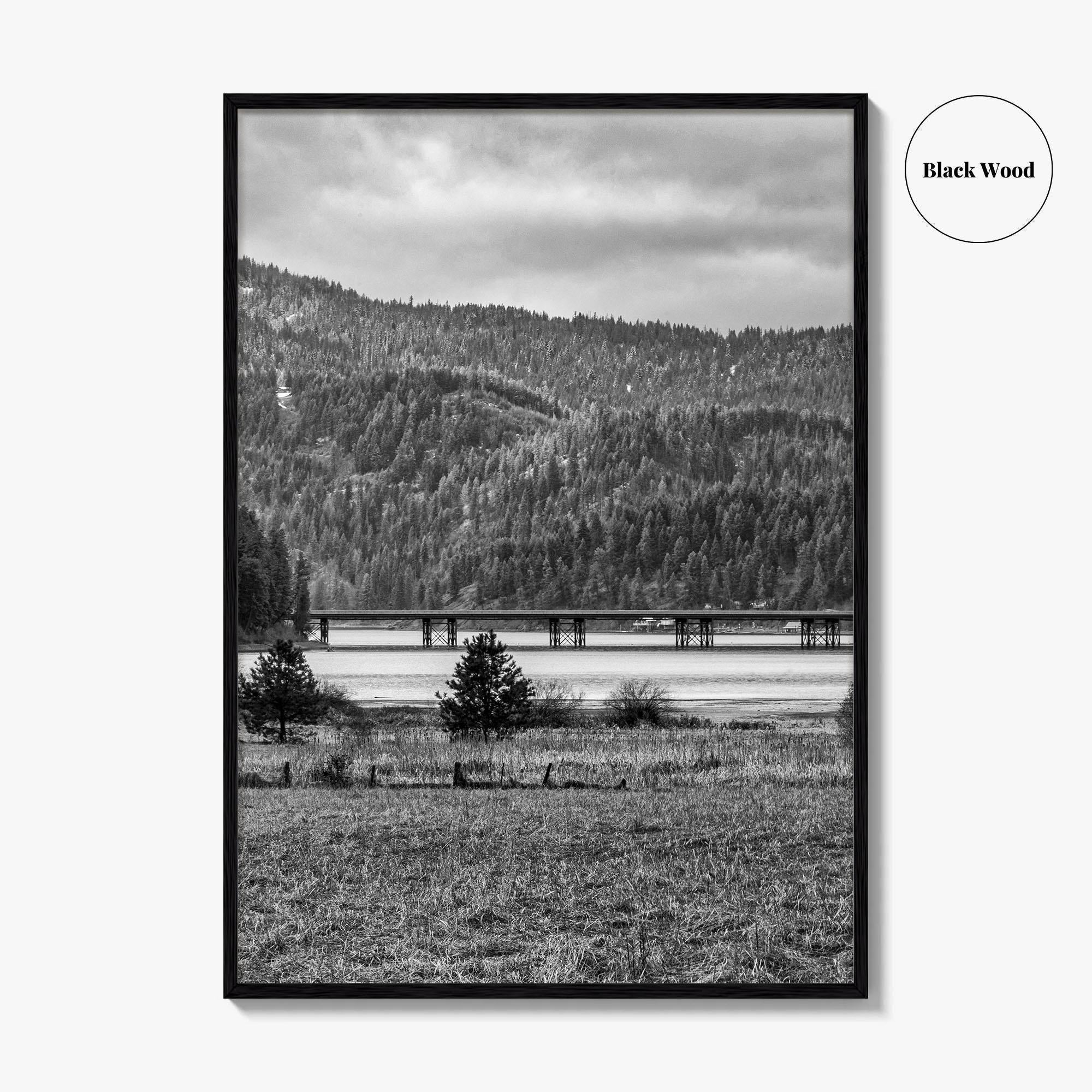 Coeur d'Alene Black and White Fine Art Photo Print, Idaho, Bay Bridge Mountains, USA