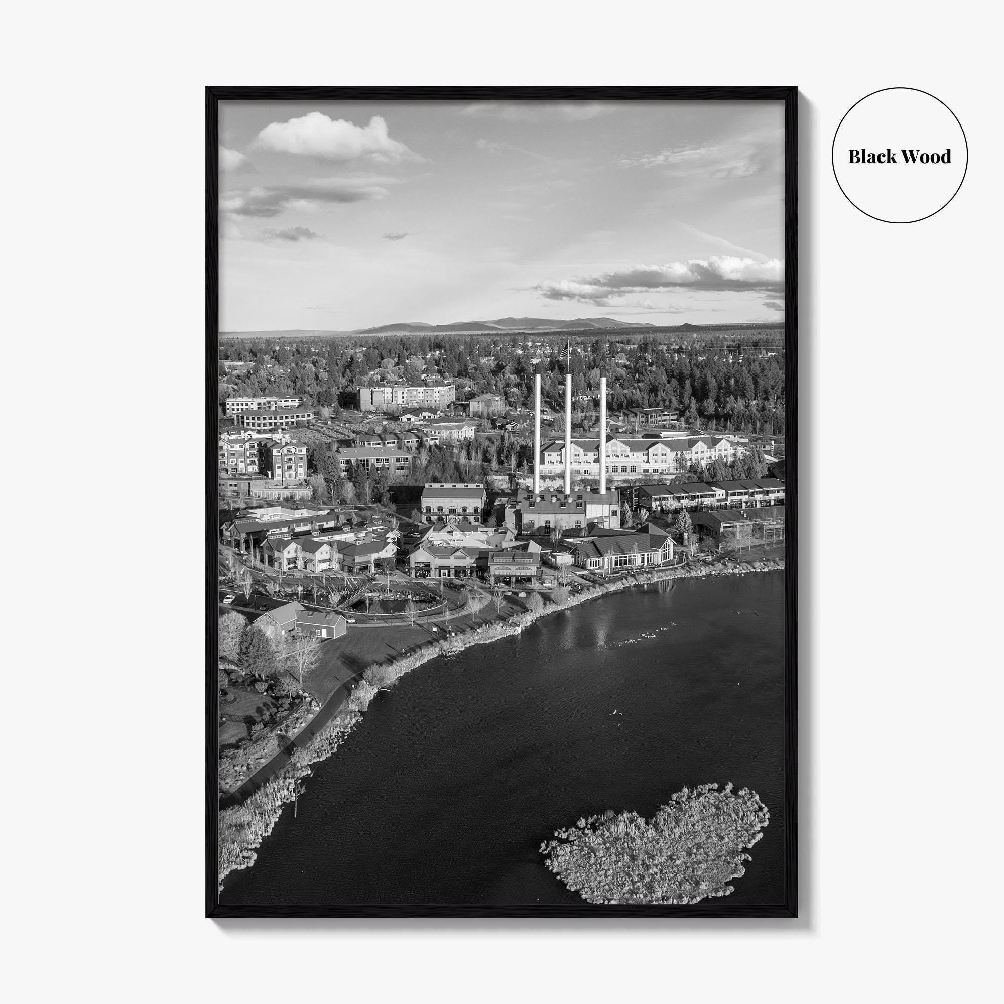 Bend Black and White Fine Art Photo Print, Old Mill District Aerial, Oregon USA