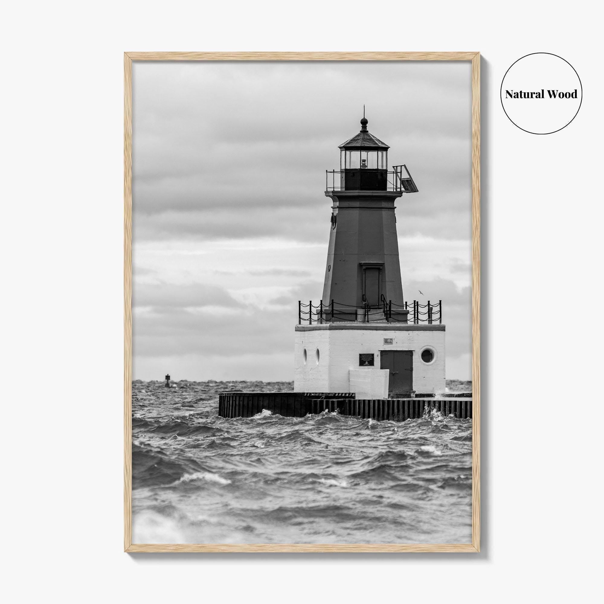Menominee Pierhead Lighthouse Black and White Fine Art Photo Print, Michigan, Ann Arbor Park