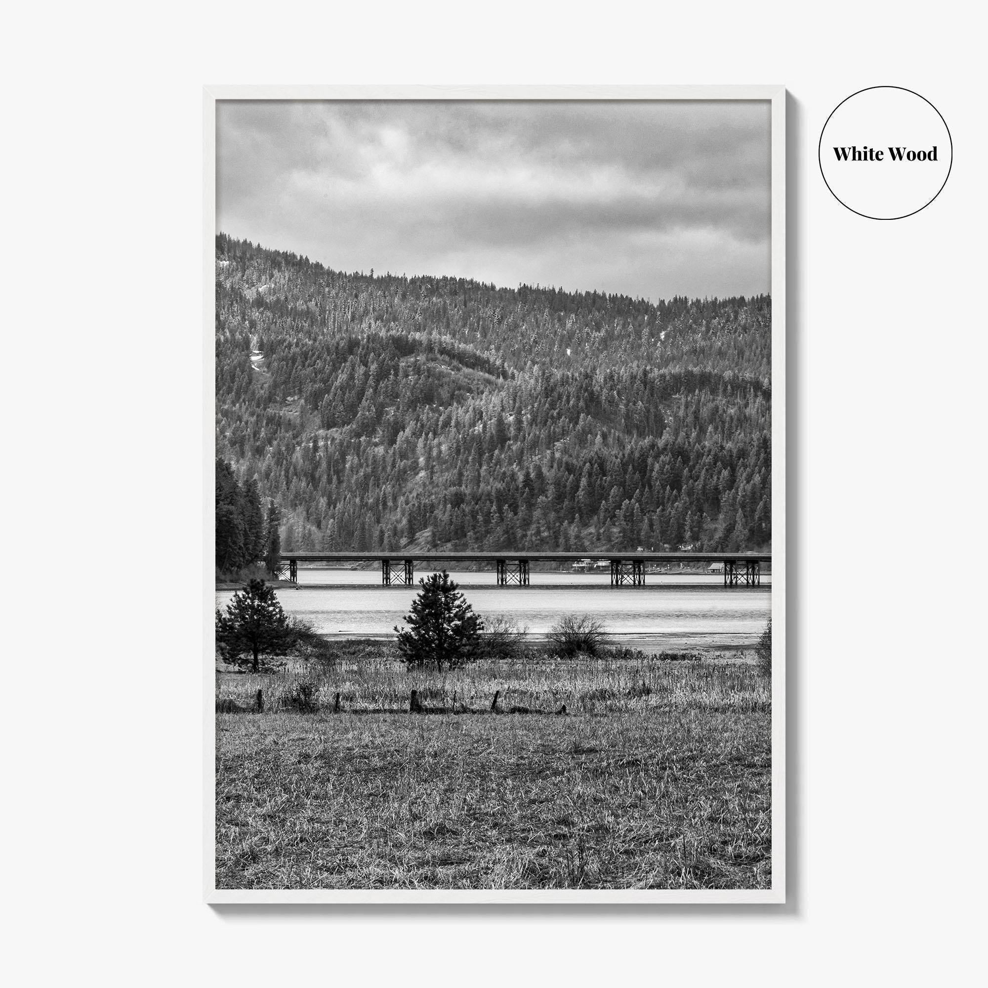 Coeur d'Alene Black and White Fine Art Photo Print, Idaho, Bay Bridge Mountains, USA