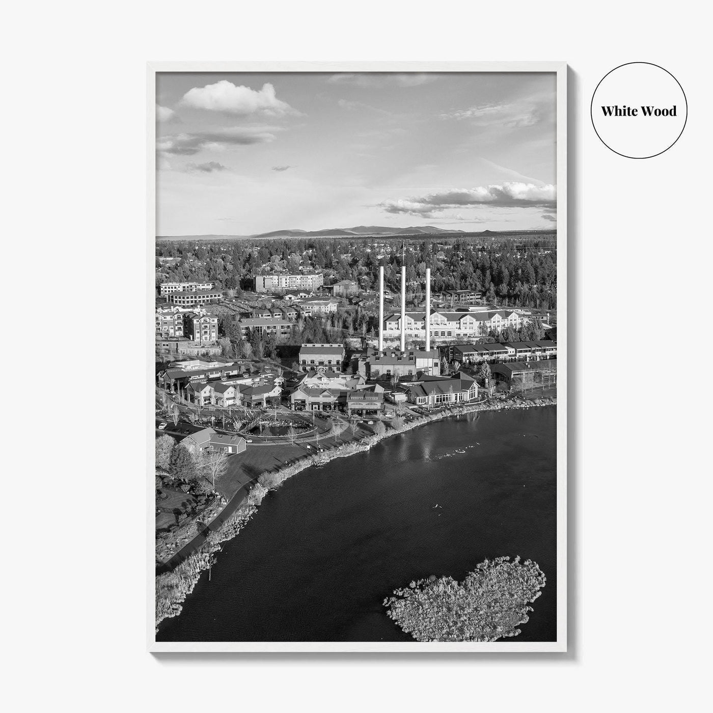 Bend Black and White Fine Art Photo Print, Old Mill District Aerial, Oregon USA