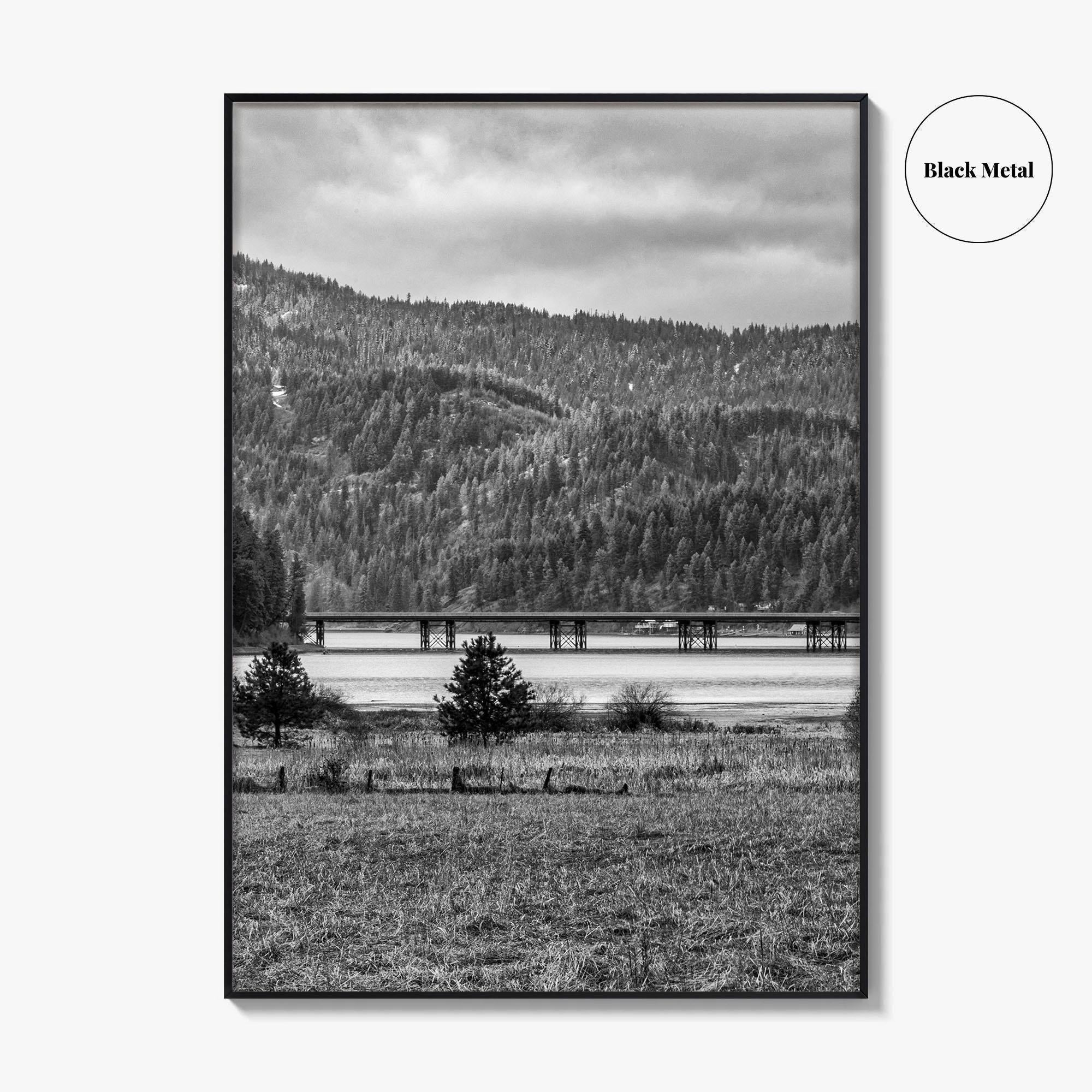 Coeur d'Alene Black and White Fine Art Photo Print, Idaho, Bay Bridge Mountains, USA