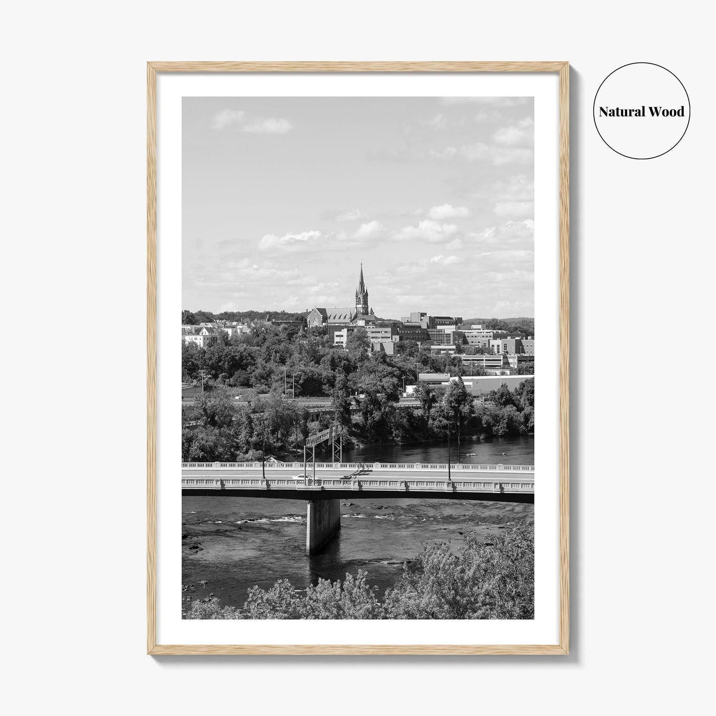 Manchester New Hampshire Skyline Black and White Fine Art Photo Print, Poster, Merrimack River