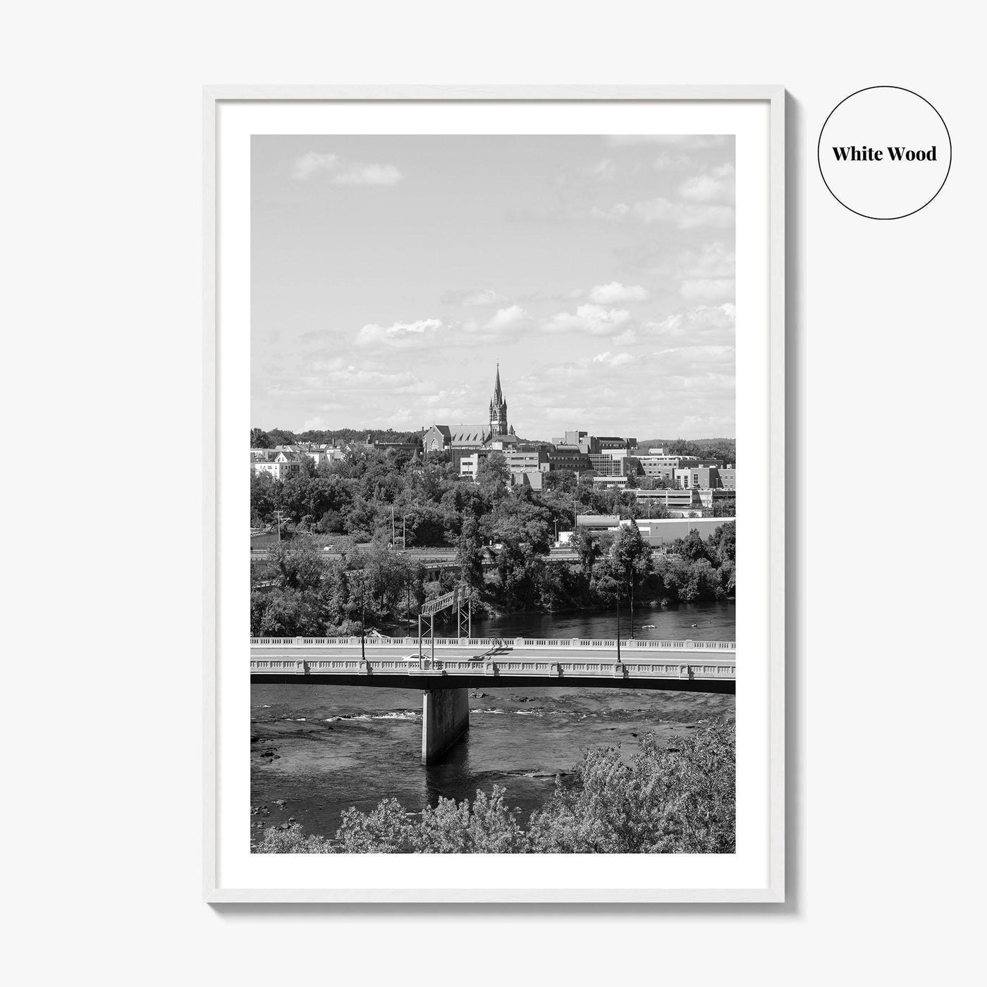 Manchester New Hampshire Skyline Black and White Fine Art Photo Print, Poster, Merrimack River