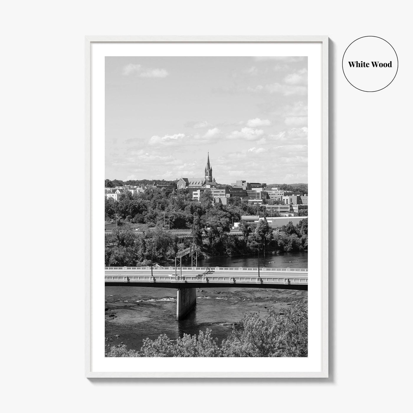 Manchester New Hampshire Skyline Black and White Fine Art Photo Print, Poster, Merrimack River
