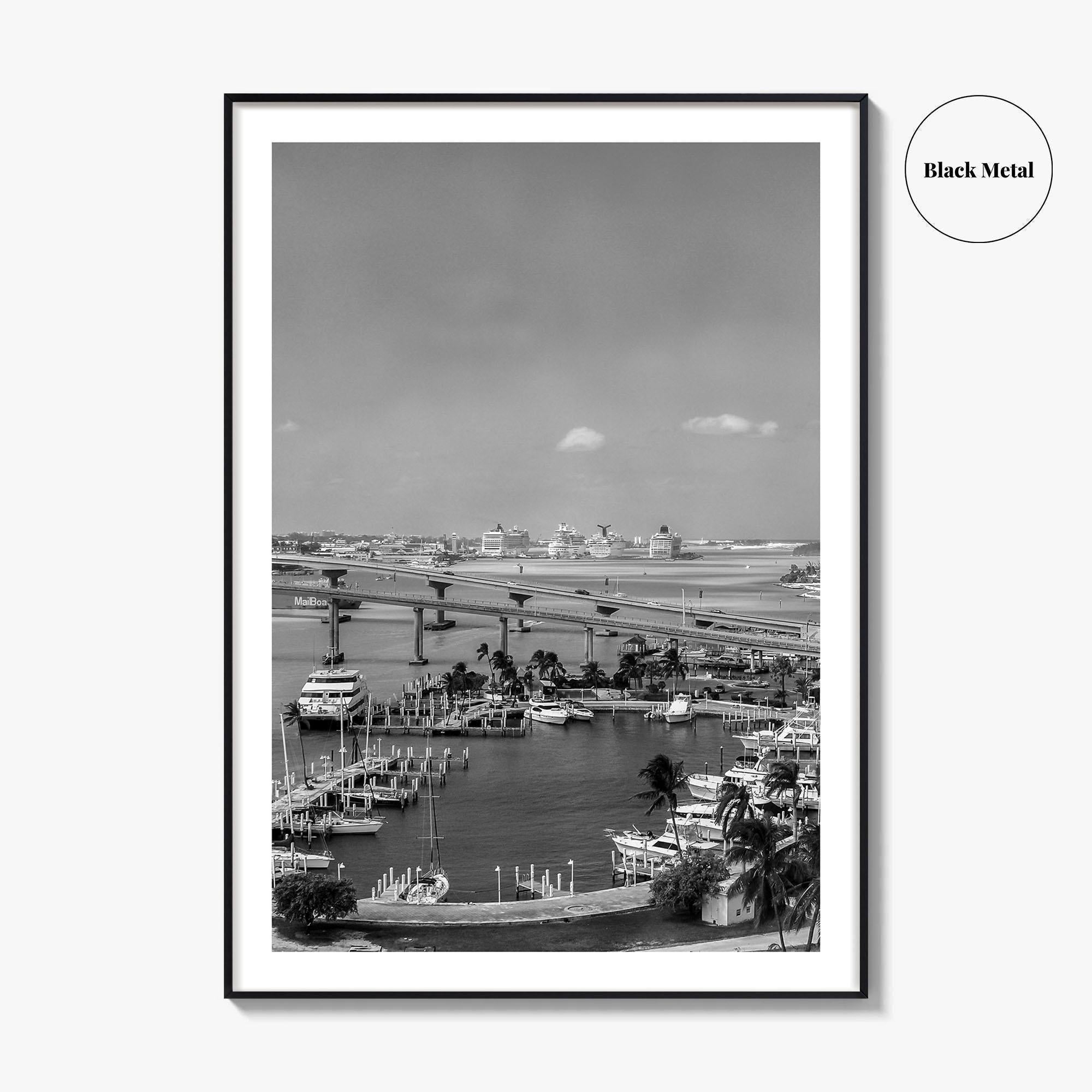 Nassau Black and White Fine Art Photo Print, Bahamas Paradise Island Bridge Boats Poster