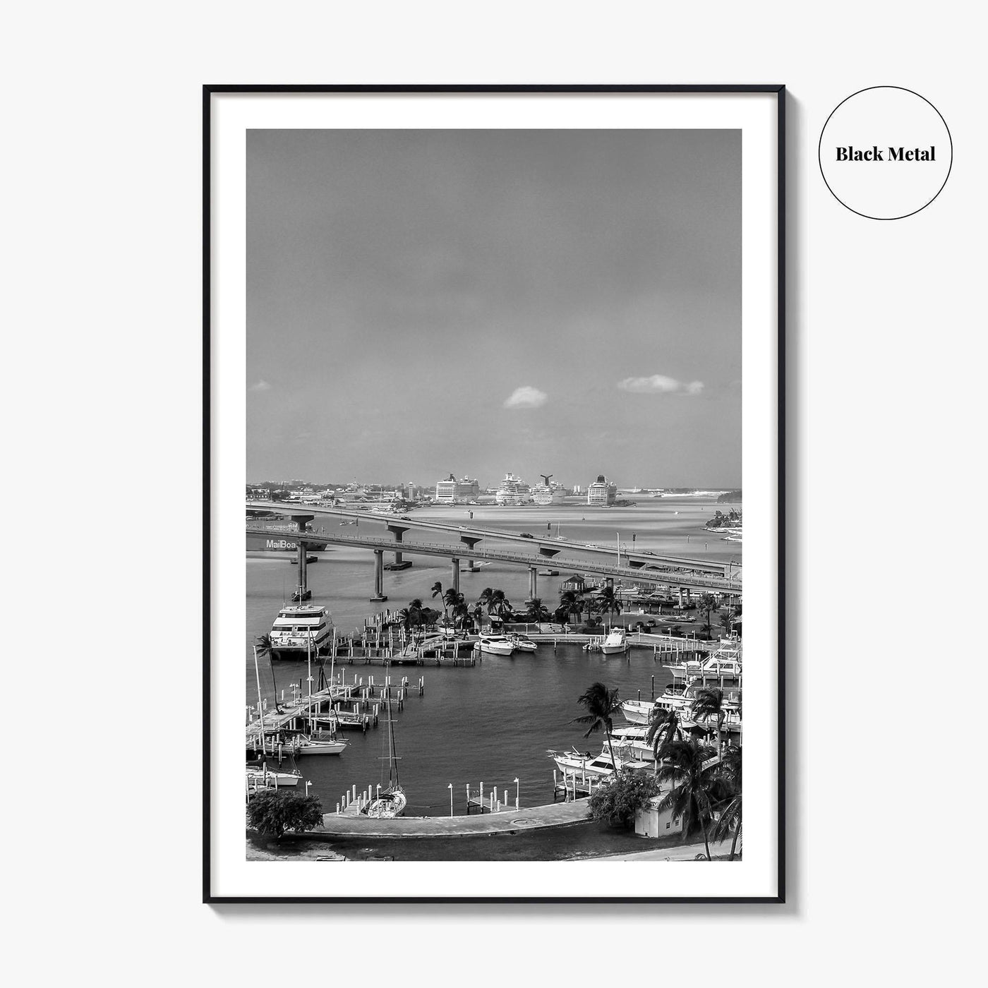 Nassau Black and White Fine Art Photo Print, Bahamas Paradise Island Bridge Boats Poster