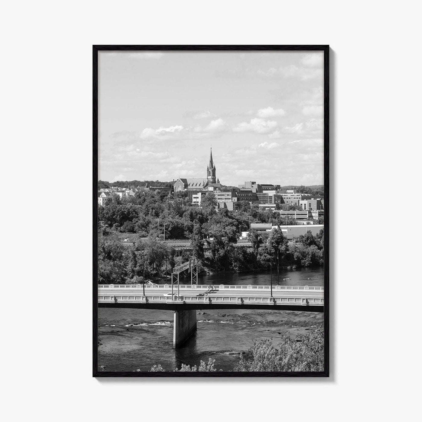 Manchester New Hampshire Skyline Black and White Fine Art Photo Print, Poster, Merrimack River