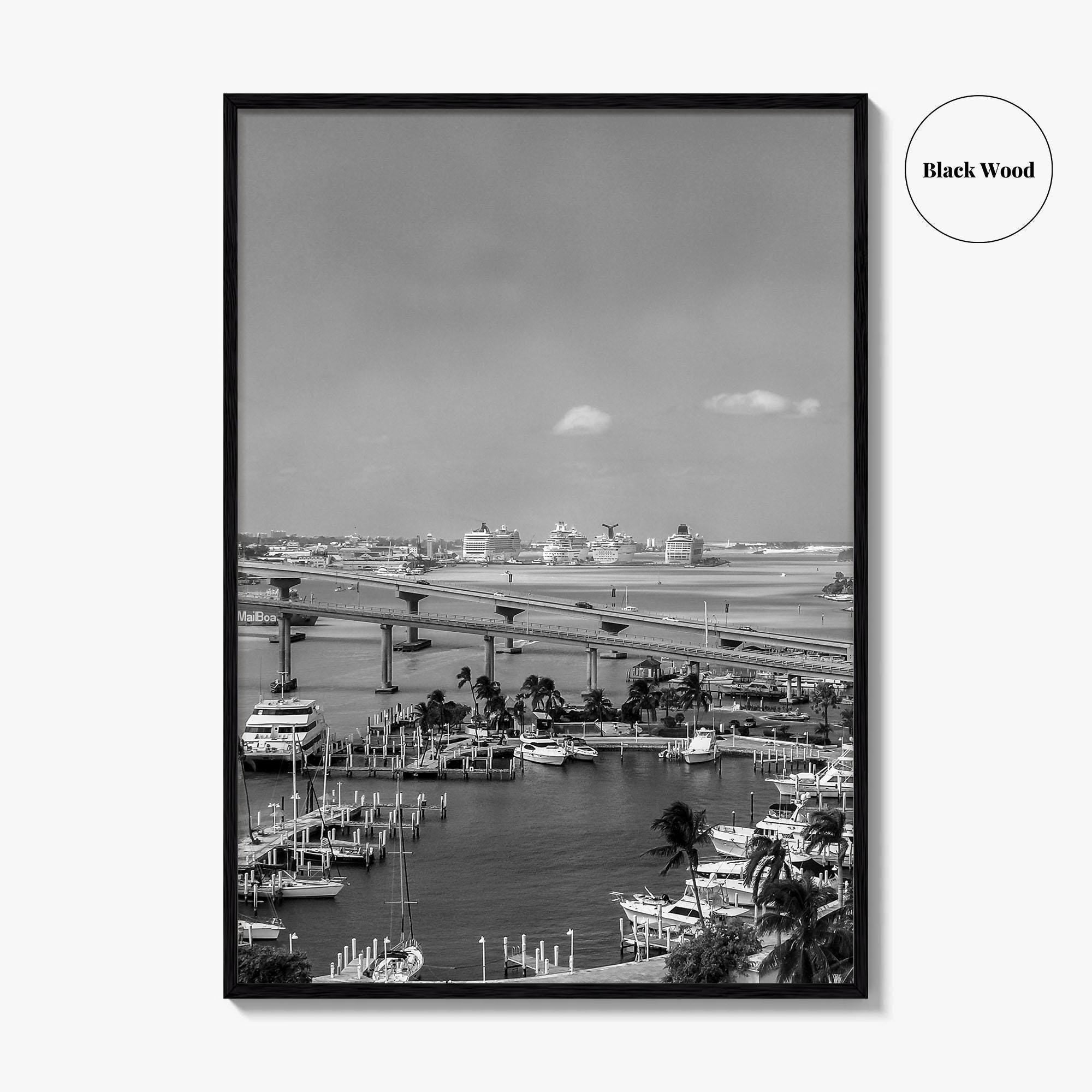 Nassau Black and White Fine Art Photo Print, Bahamas Paradise Island Bridge Boats Poster