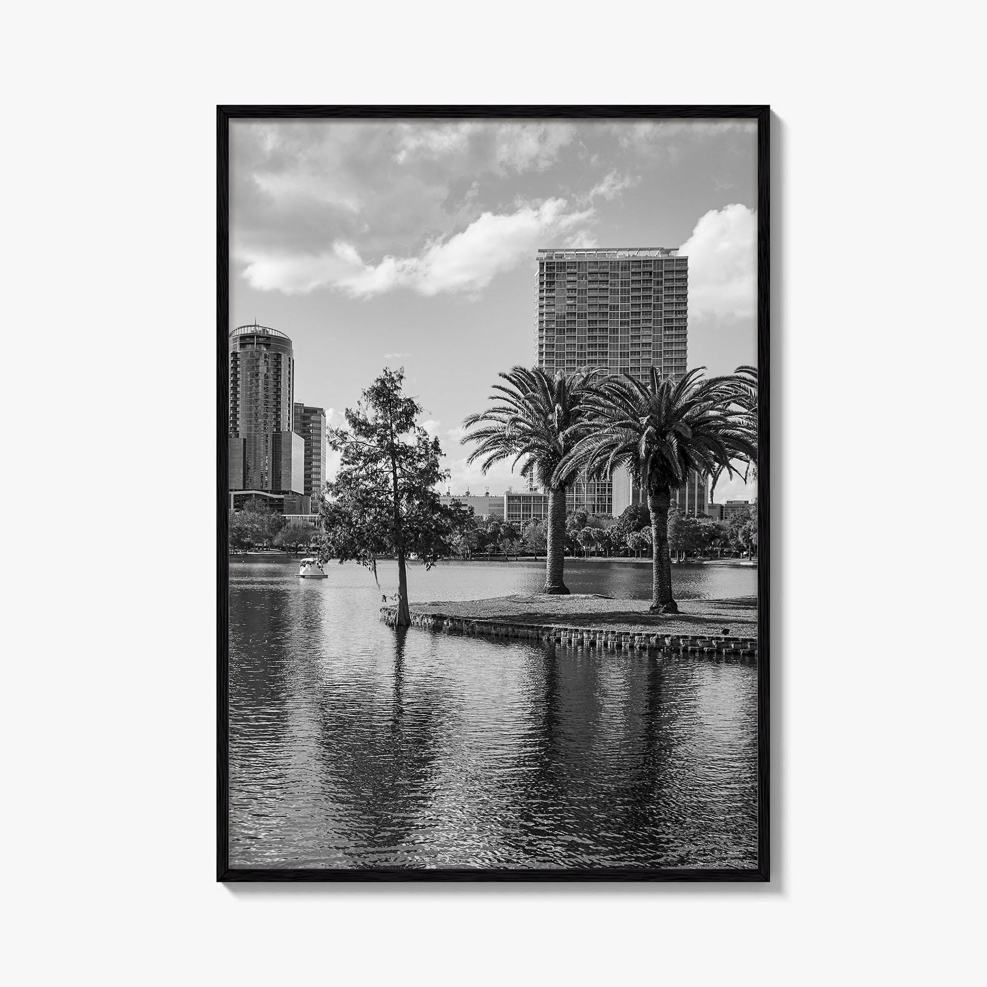 Orlando Skyline Black and White Fine Art Photo Print, Lake Eola Florida Poster