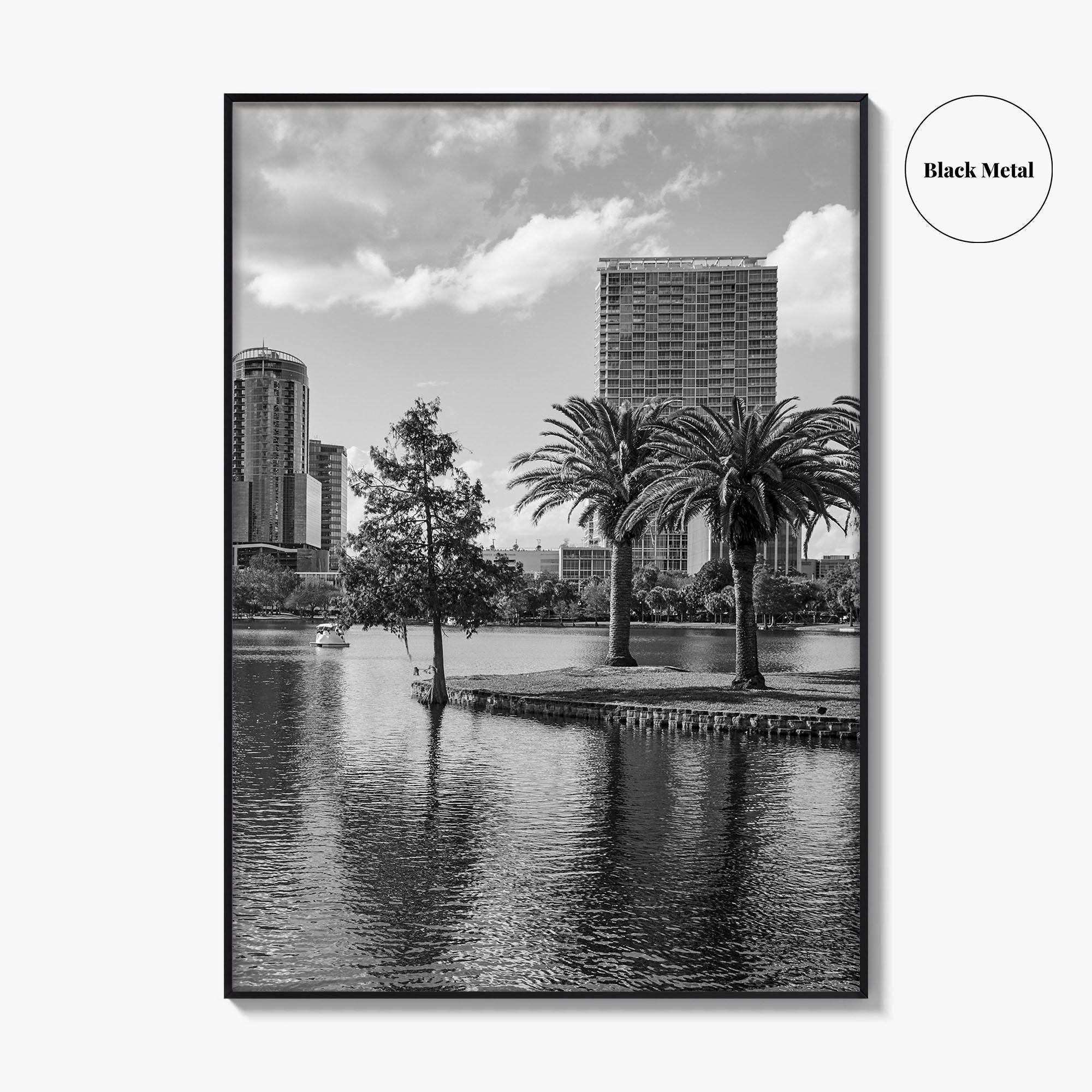 Orlando Skyline Black and White Fine Art Photo Print, Lake Eola Florida Poster