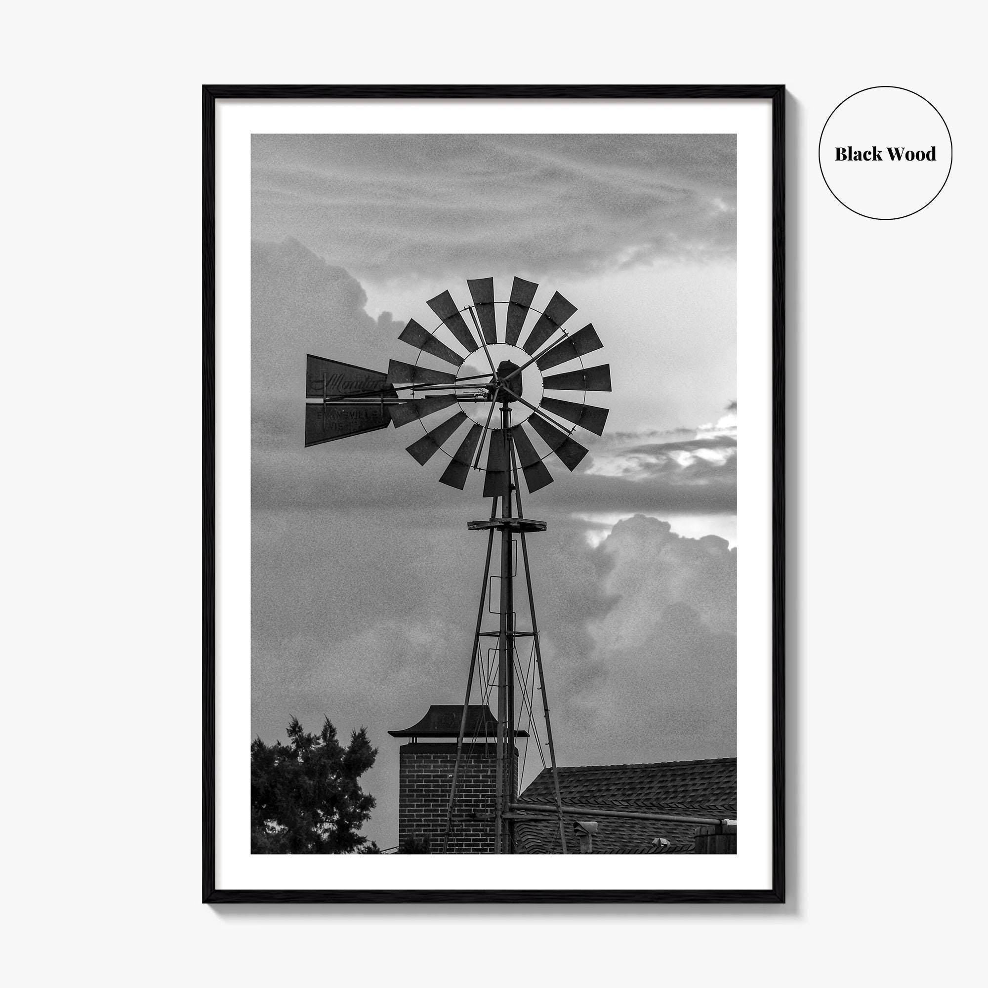 Texas Black and White Fine Art Photo Print, Windmill, Thunderstorm Skies, Landscape Poster, USA