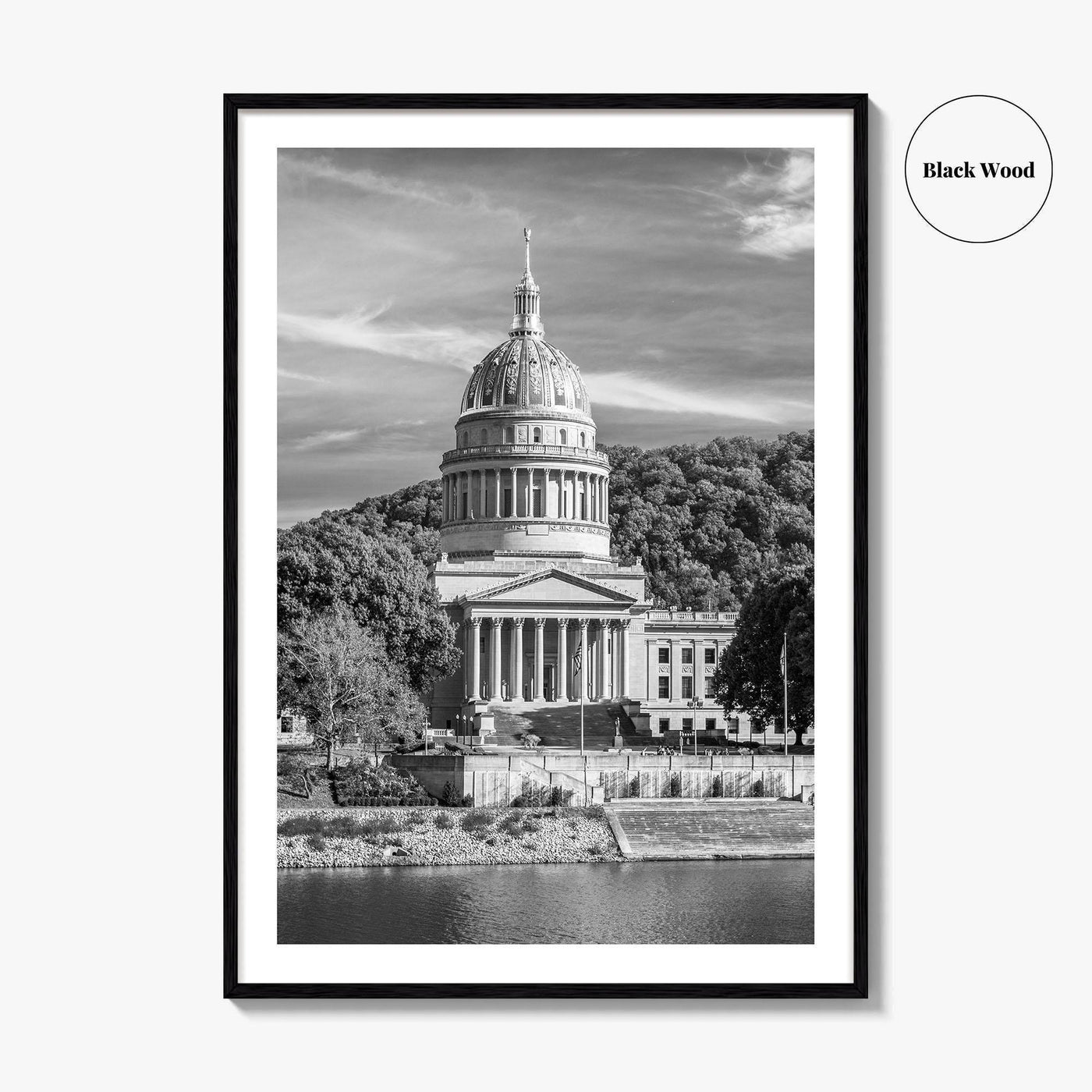 West Virginia Black and White Fine Art Photo Print, Charleston Capitol Kanawha River Poster