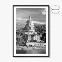 West Virginia Black and White Fine Art Photo Print, Charleston Capitol Kanawha River Poster