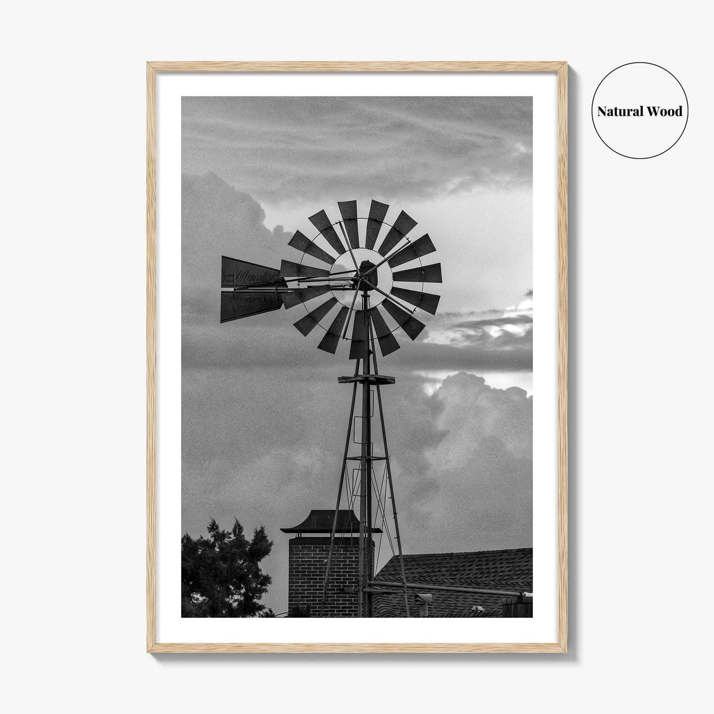 Texas Black and White Fine Art Photo Print, Windmill, Thunderstorm Skies, Landscape Poster, USA