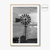 Texas Black and White Fine Art Photo Print, Windmill, Thunderstorm Skies, Landscape Poster, USA
