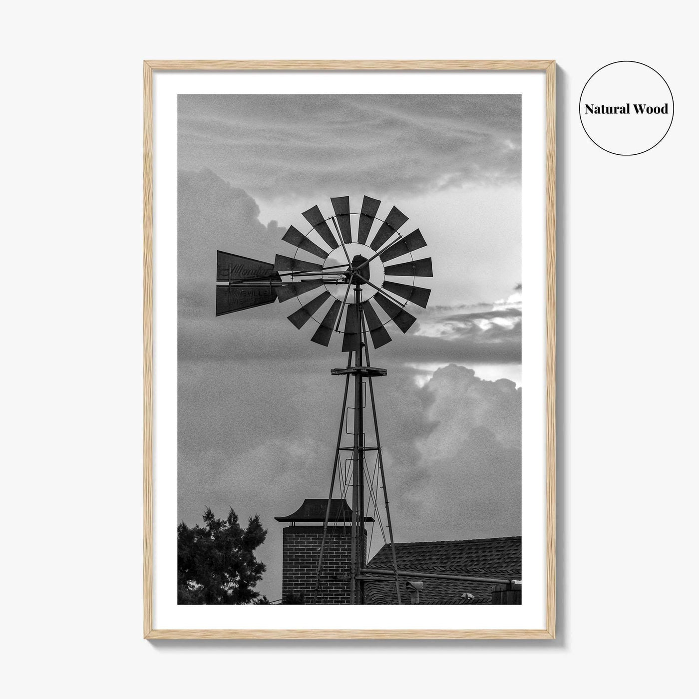 Texas Black and White Fine Art Photo Print, Windmill, Thunderstorm Skies, Landscape Poster, USA