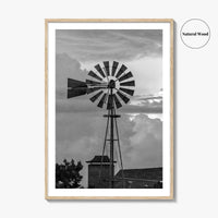 Texas Black and White Fine Art Photo Print, Windmill, Thunderstorm Skies, Landscape Poster, USA