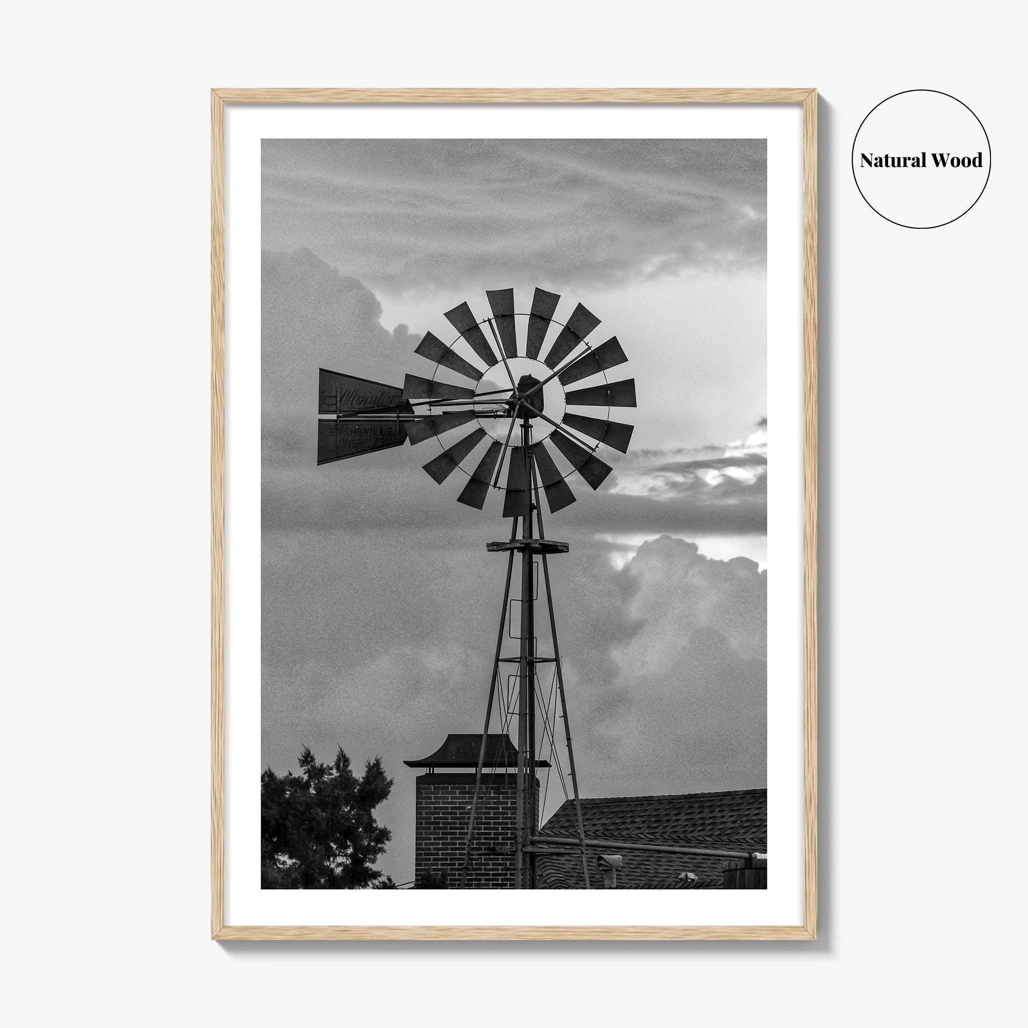 Texas Black and White Fine Art Photo Print, Windmill, Thunderstorm Skies, Landscape Poster, USA