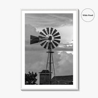 Texas Black and White Fine Art Photo Print, Windmill, Thunderstorm Skies, Landscape Poster, USA