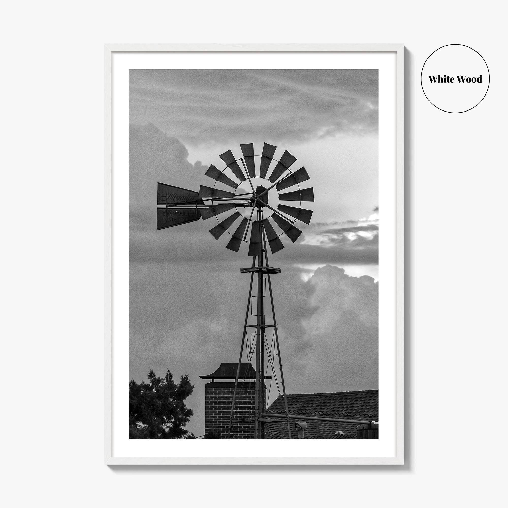 Texas Black and White Fine Art Photo Print, Windmill, Thunderstorm Skies, Landscape Poster, USA