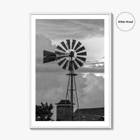 Texas Black and White Fine Art Photo Print, Windmill, Thunderstorm Skies, Landscape Poster, USA