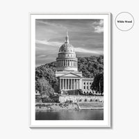 West Virginia Black and White Fine Art Photo Print, Charleston Capitol Kanawha River Poster