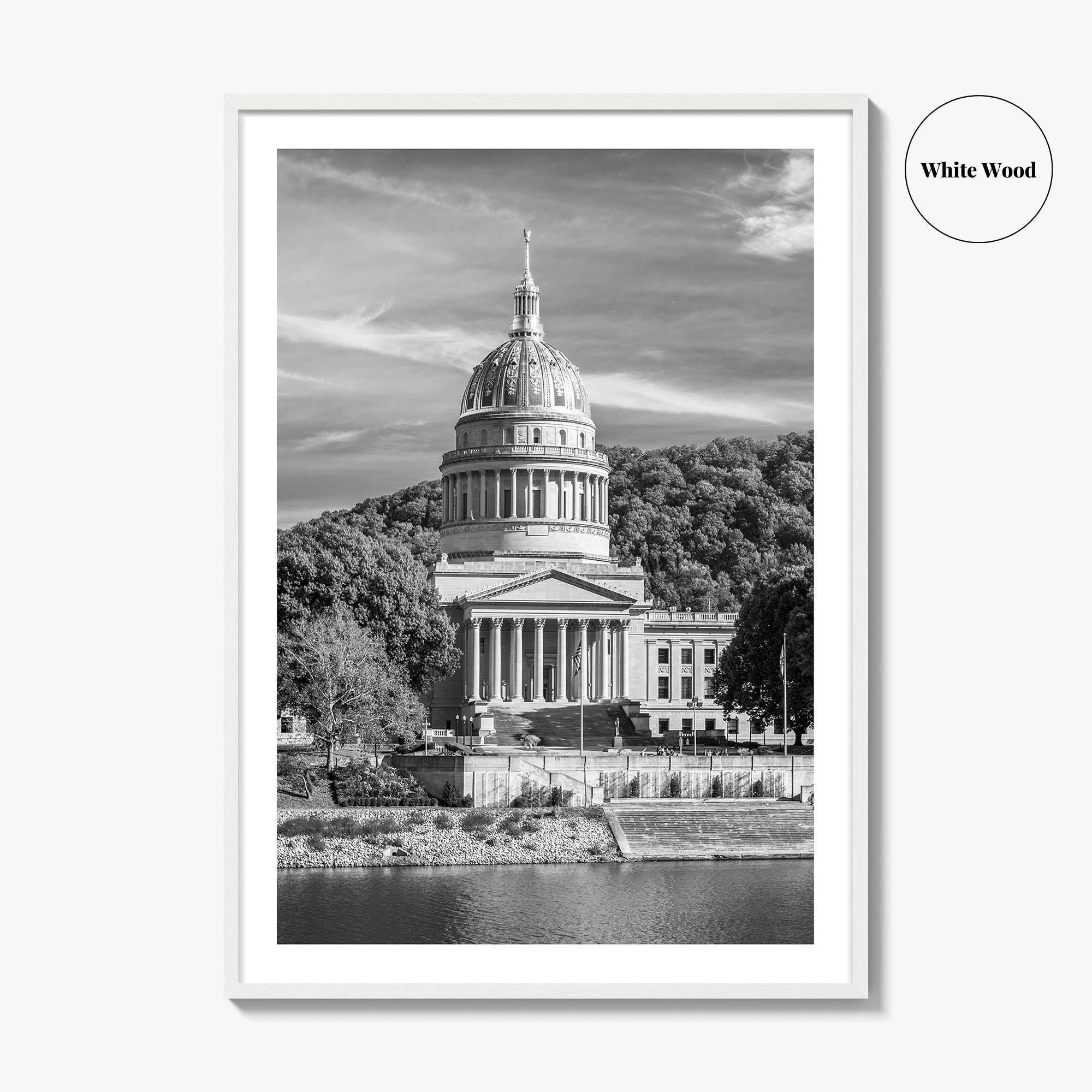 West Virginia Black and White Fine Art Photo Print, Charleston Capitol Kanawha River Poster