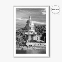 West Virginia Black and White Fine Art Photo Print, Charleston Capitol Kanawha River Poster
