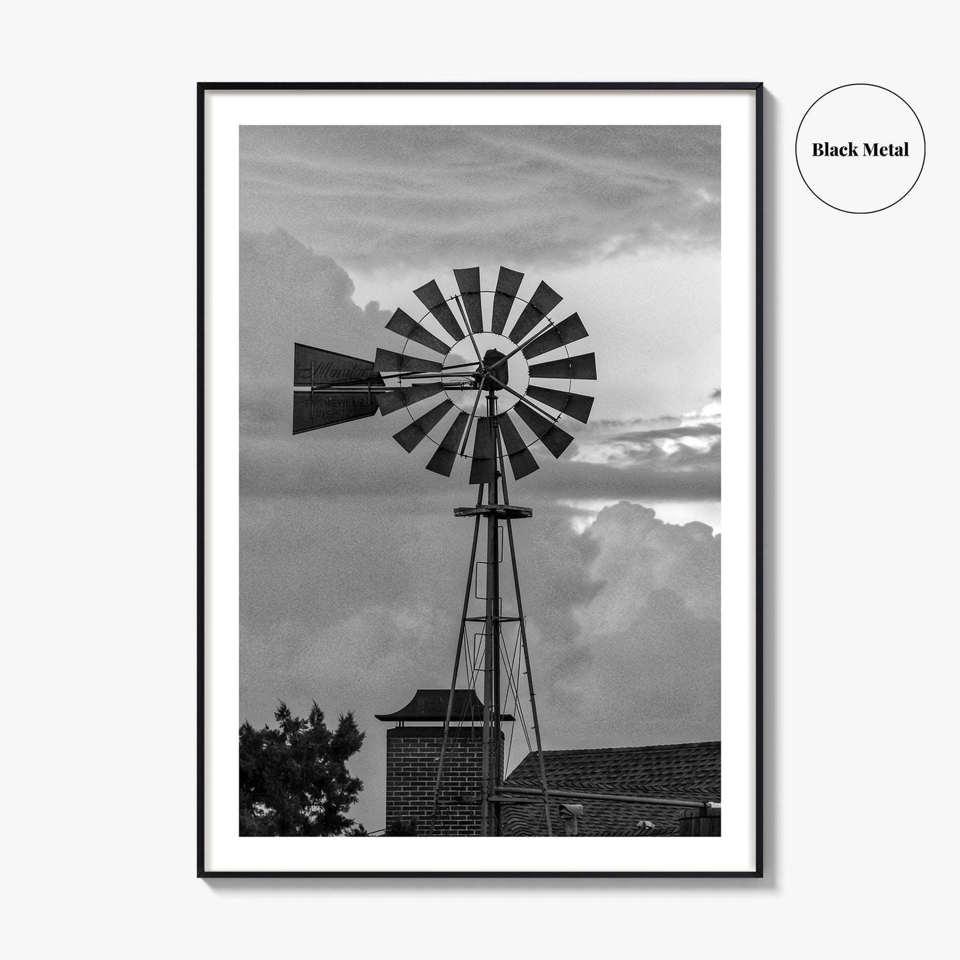 Texas Black and White Fine Art Photo Print, Windmill, Thunderstorm Skies, Landscape Poster, USA