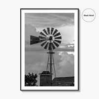 Texas Black and White Fine Art Photo Print, Windmill, Thunderstorm Skies, Landscape Poster, USA