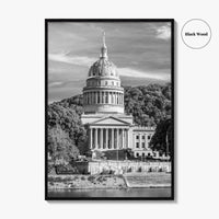 West Virginia Black and White Fine Art Photo Print, Charleston Capitol Kanawha River Poster