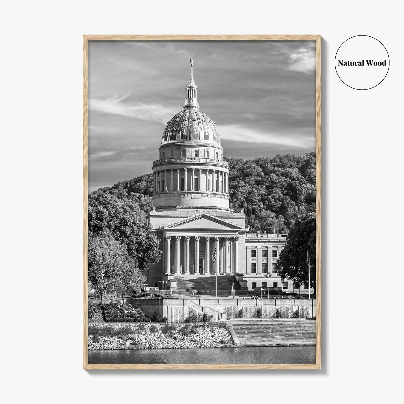 West Virginia Black and White Fine Art Photo Print, Charleston Capitol Kanawha River Poster