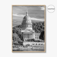 West Virginia Black and White Fine Art Photo Print, Charleston Capitol Kanawha River Poster
