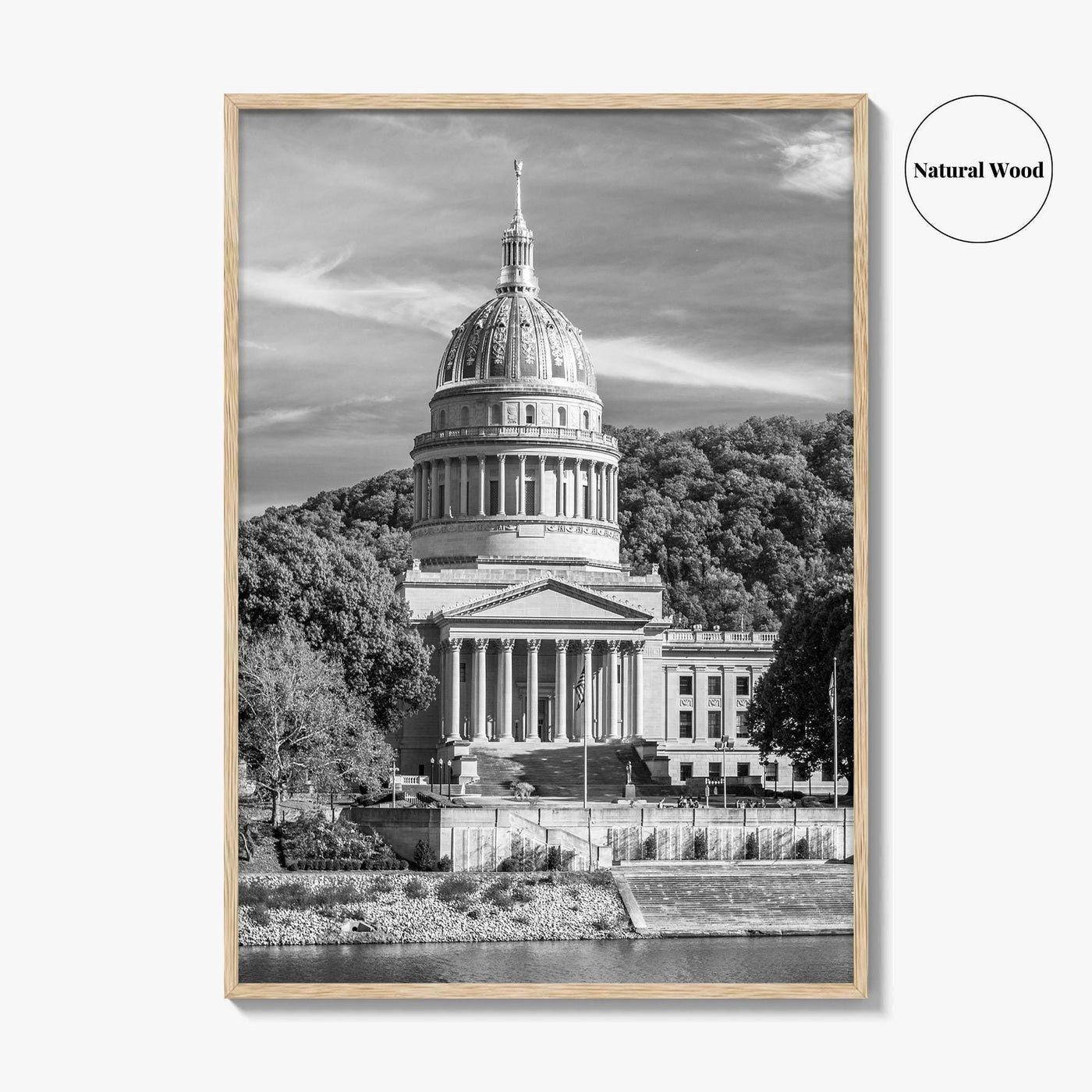 West Virginia Black and White Fine Art Photo Print, Charleston Capitol Kanawha River Poster