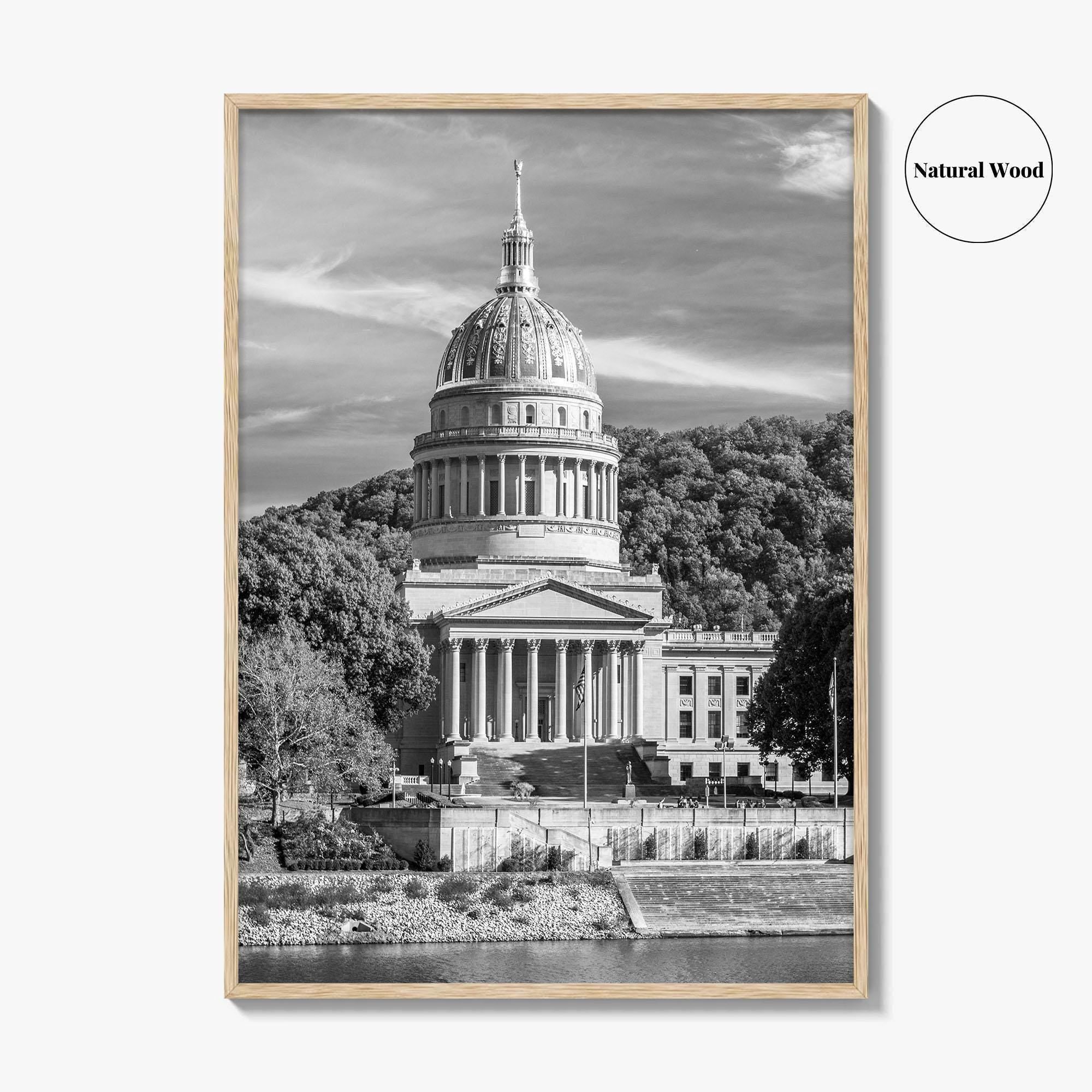 West Virginia Black and White Fine Art Photo Print, Charleston Capitol Kanawha River Poster